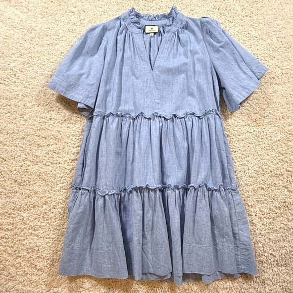 Tuckernuck Dresses & Skirts - Tuckernuck Crawford Blue Cotton Linen Tiered Mini Dress S Chambray Coastal Prep